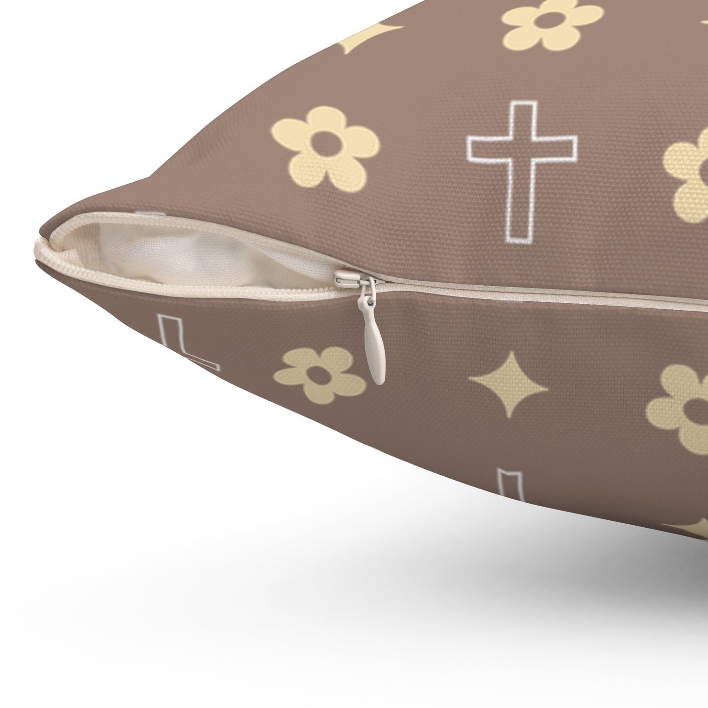 Decorative Throw Pillow - Mocha Cream Daisy Cross Print