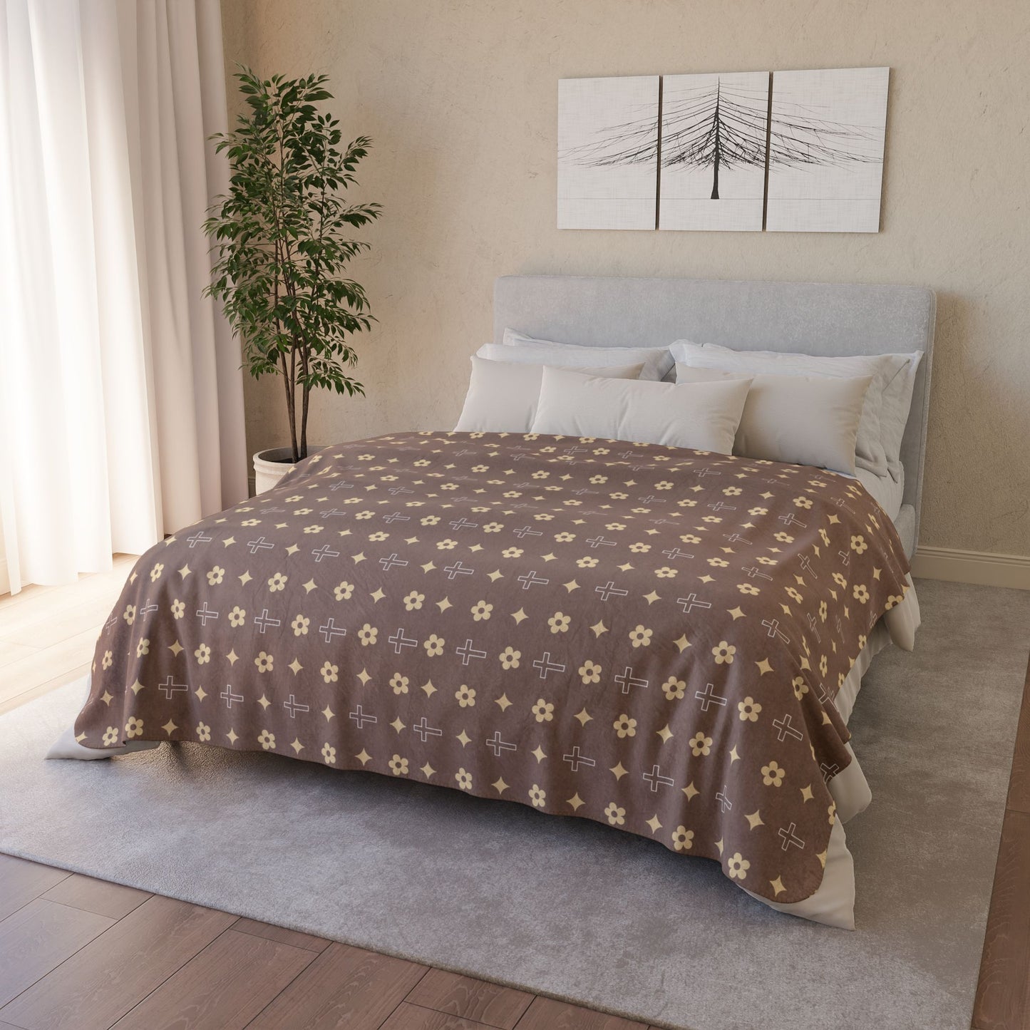 Cozy Fleece Sherpa Blanket - Mocha Cream Daisy Print