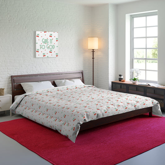 Bows + Cherries - Cozy Floral Comforter, Queen or King Size Blanket, Soft Home Bedding, Spring Decor, Gift for Her, Boho Bedroom