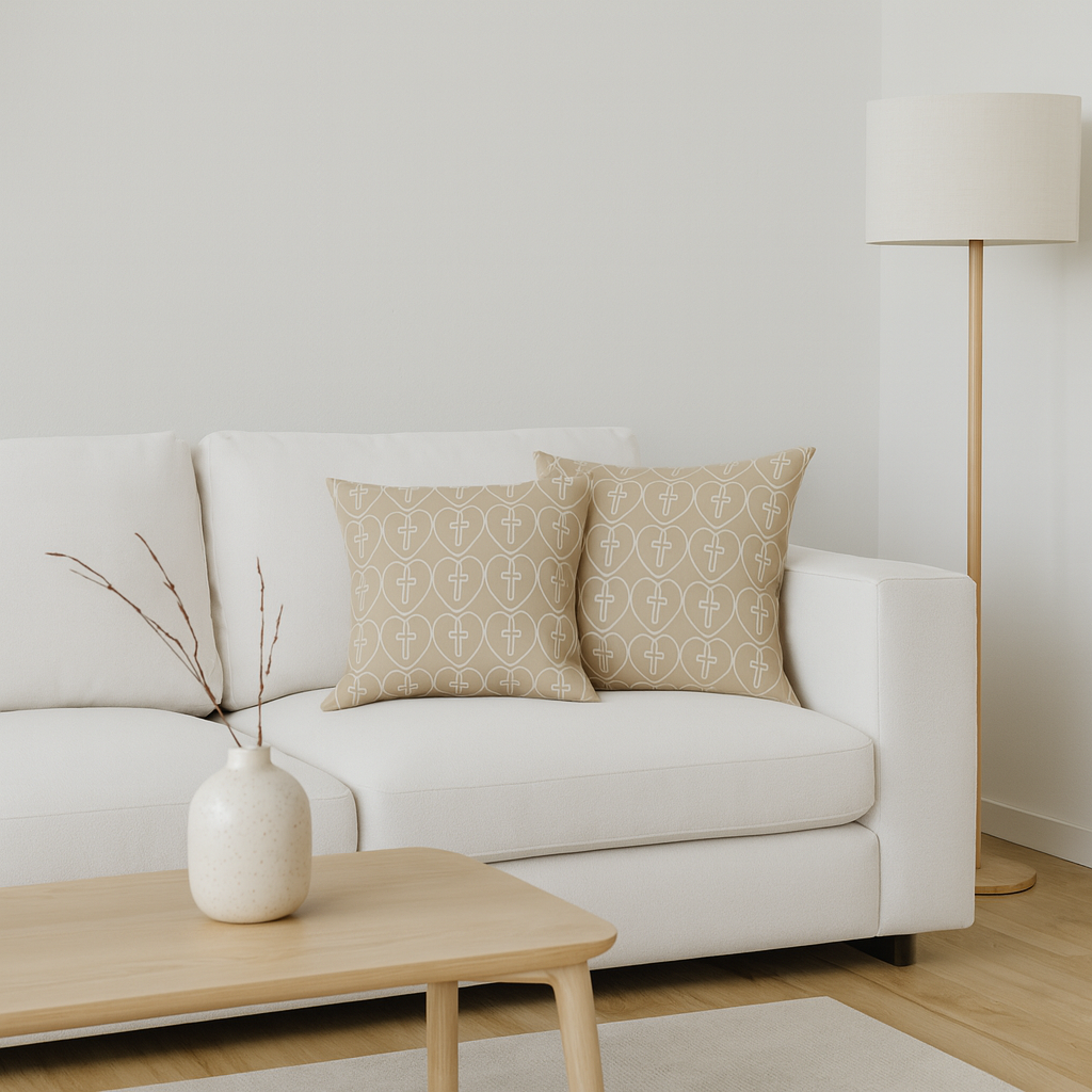 Caramel Decorative Throw Pillow - Hearts + Cross Design