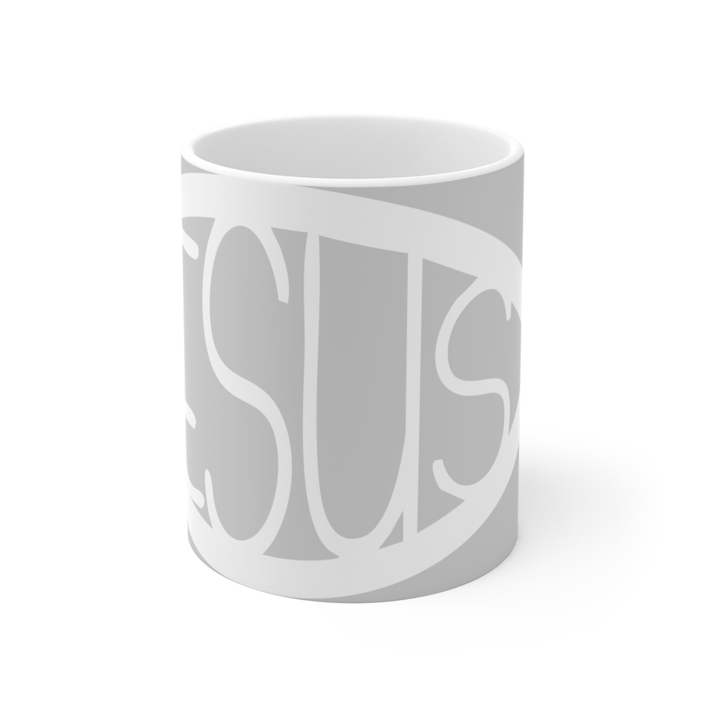 Grey and White Jesus Fish Mug - 11oz Ceramic Coffee Cup