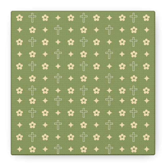 Wall Art Canvas - Army Green Daisy Cross Print
