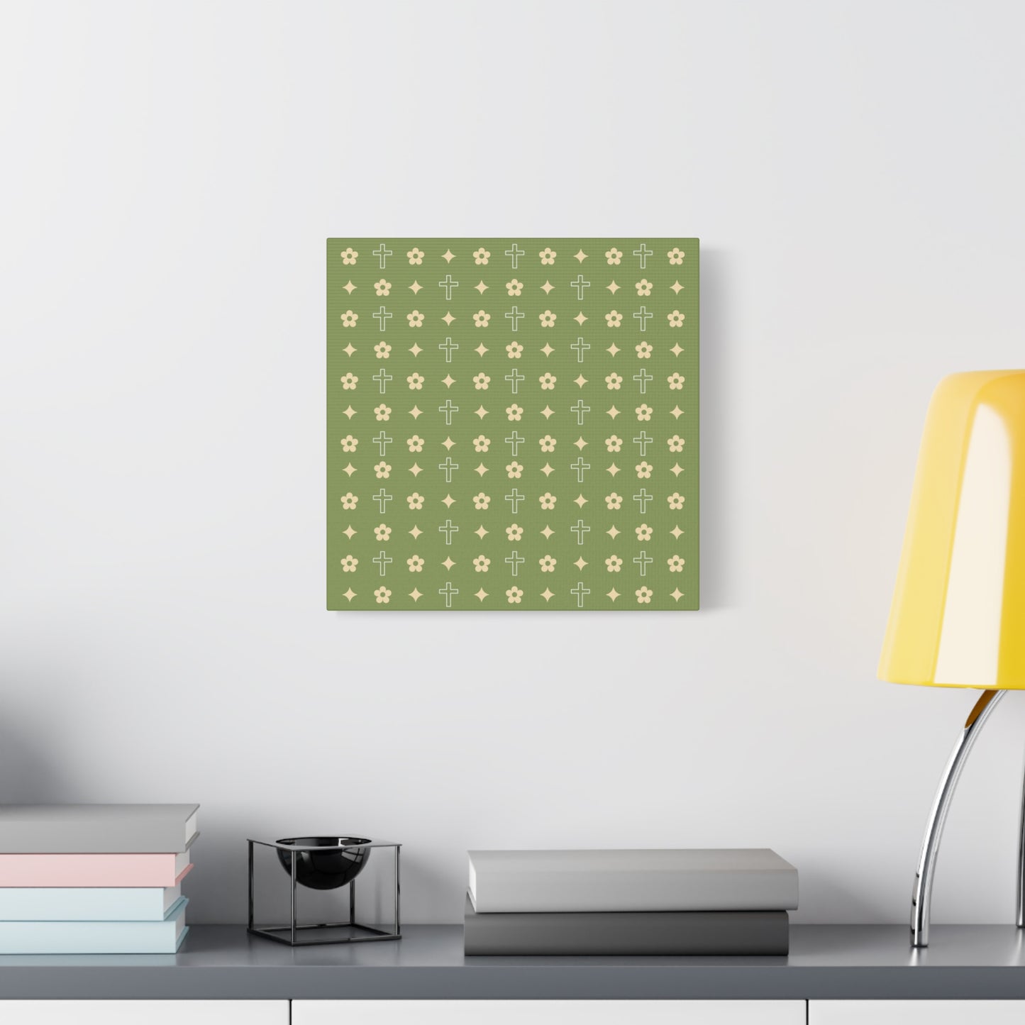 Wall Art Canvas - Army Green Daisy Cross Print