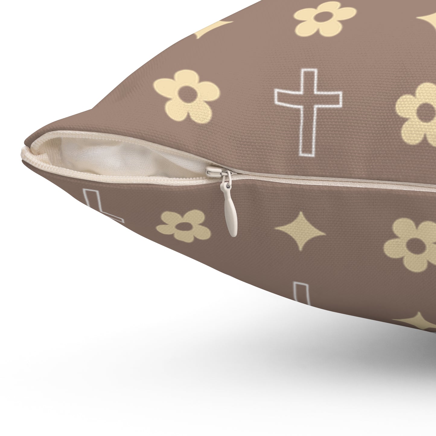 Decorative Throw Pillow - Mocha Cream Daisy Cross Print