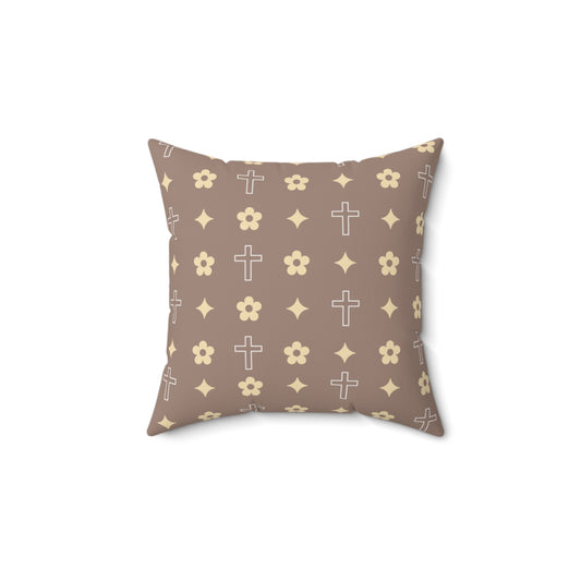 Decorative Throw Pillow - Mocha Cream Daisy Cross Print