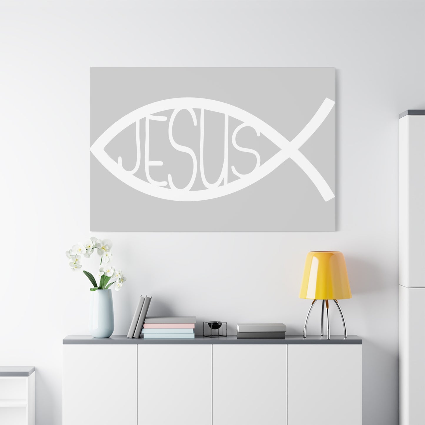 Grey and WhiteJesus Fish - Wall Art Canvas