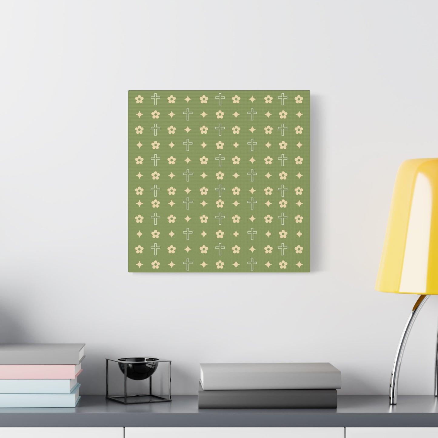 Wall Art Canvas - Army Green Daisy Cross Print