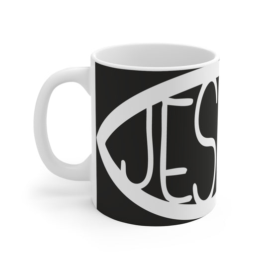 Black and White Jesus Fish Mug - 11oz Ceramic Coffee Cup