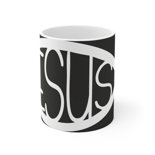 Black and White Jesus Fish Mug - 11oz Ceramic Coffee Cup