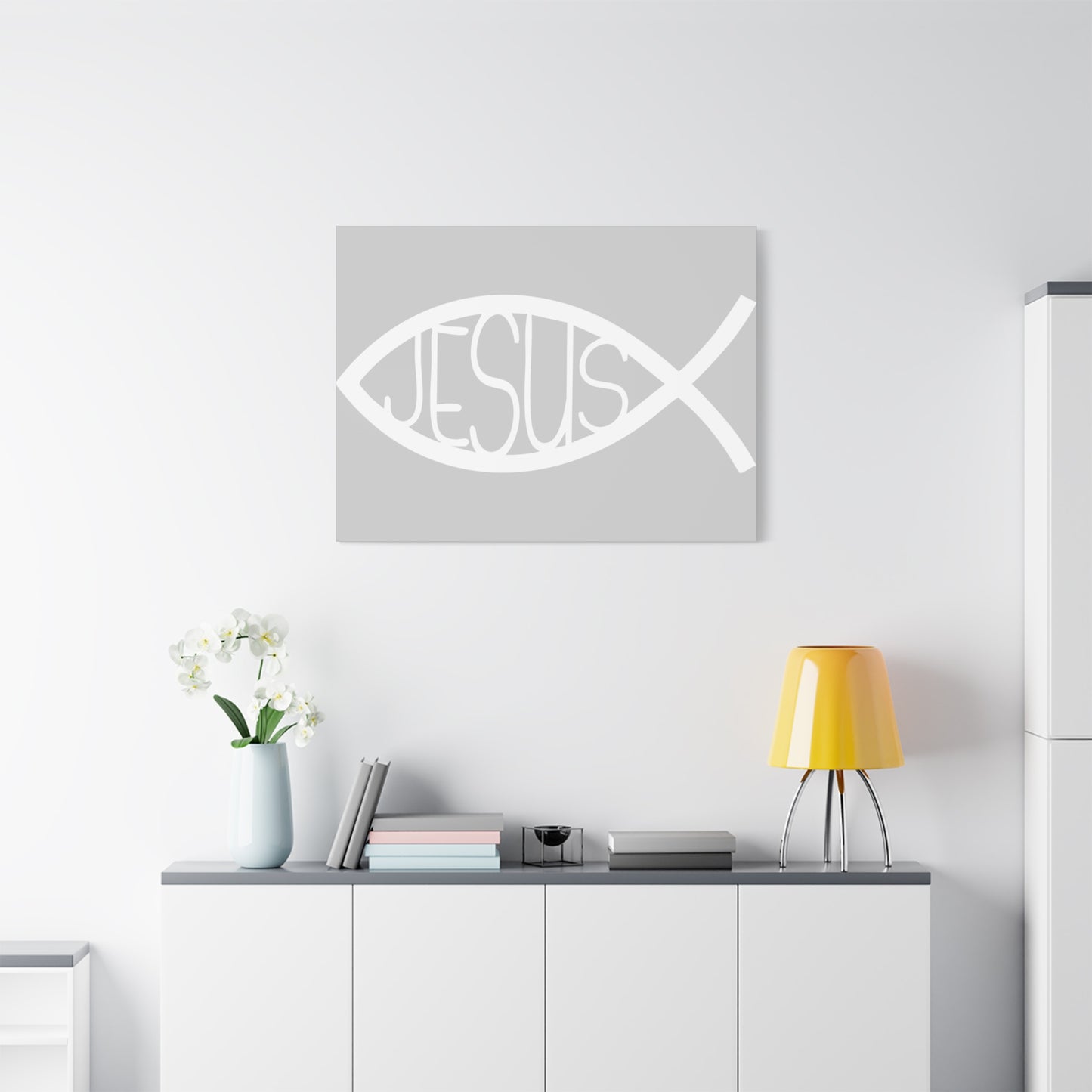 Grey and WhiteJesus Fish - Wall Art Canvas