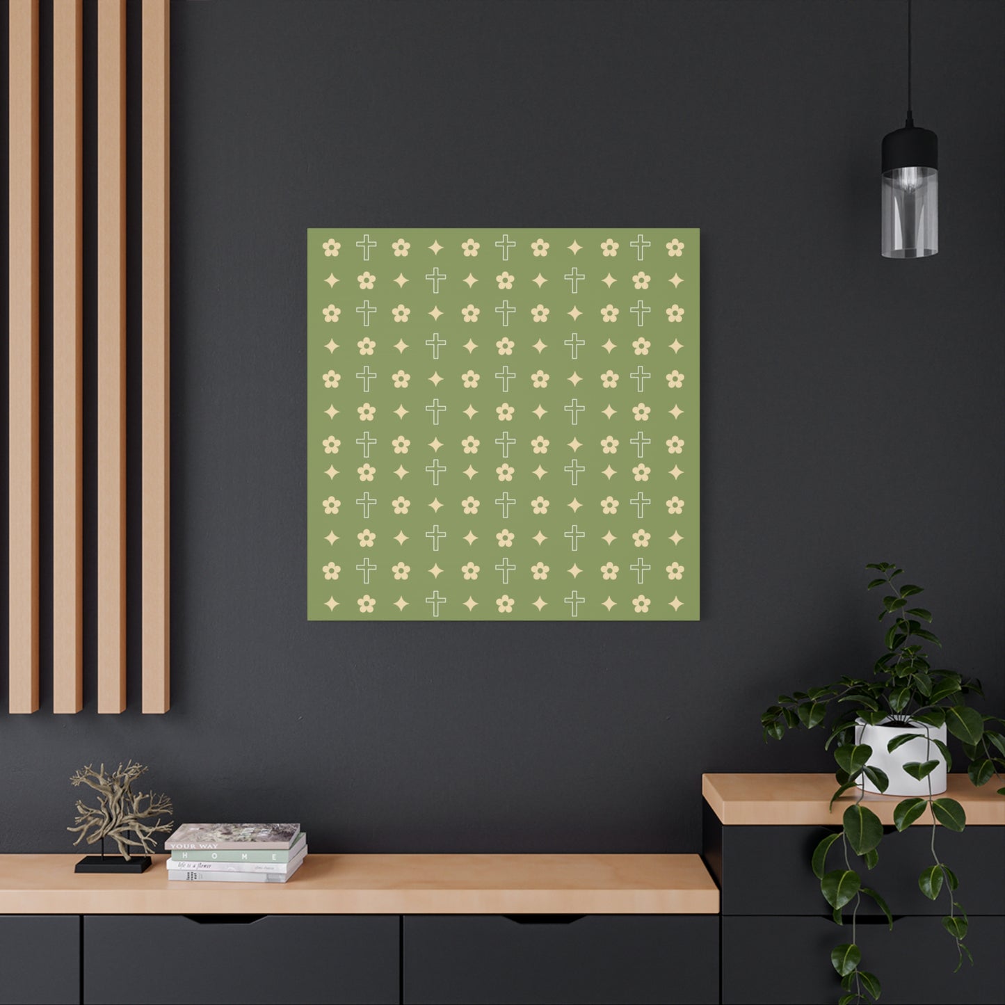 Wall Art Canvas - Army Green Daisy Cross Print