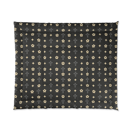 Black and White Daisy Cross Print Comforter
