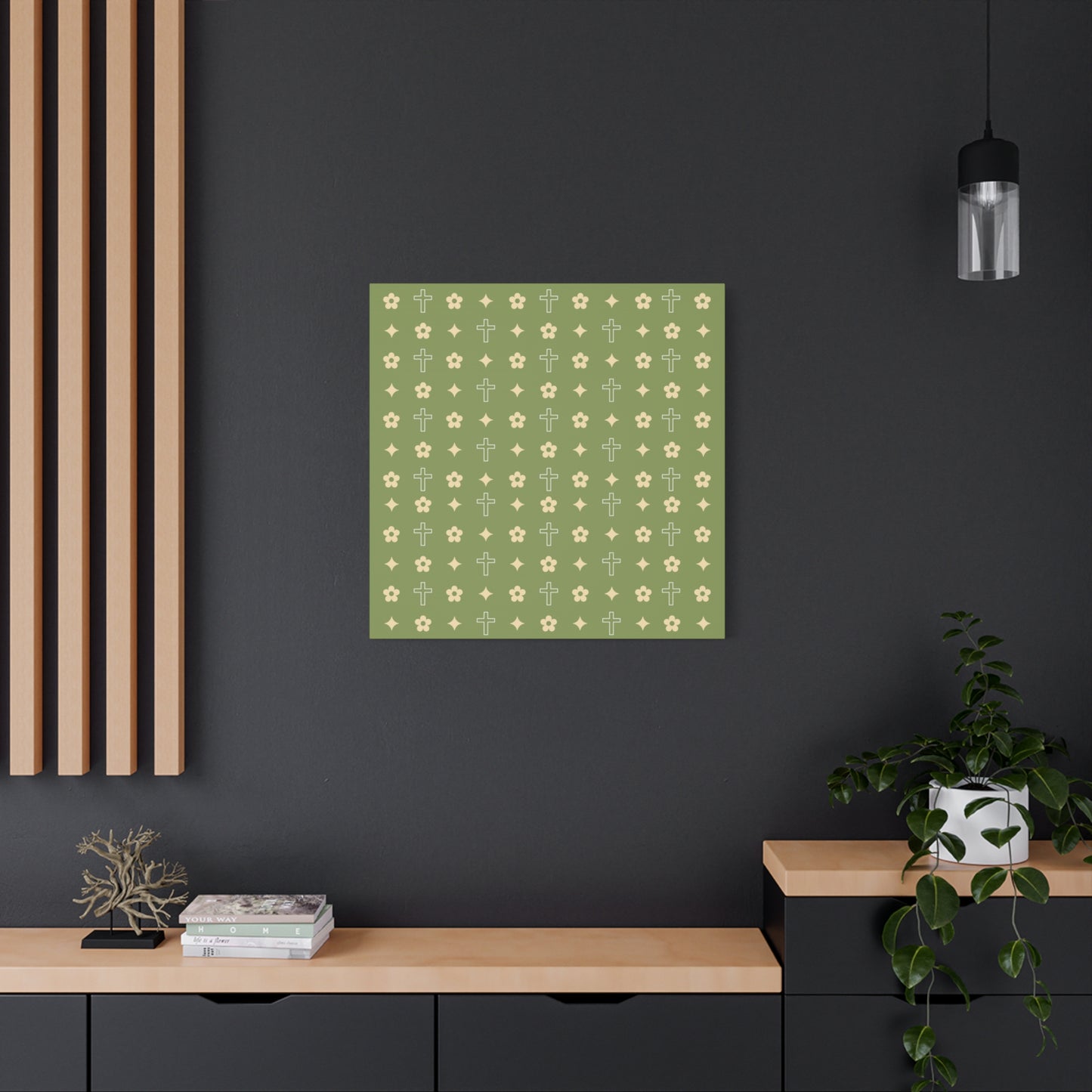 Wall Art Canvas - Army Green Daisy Cross Print