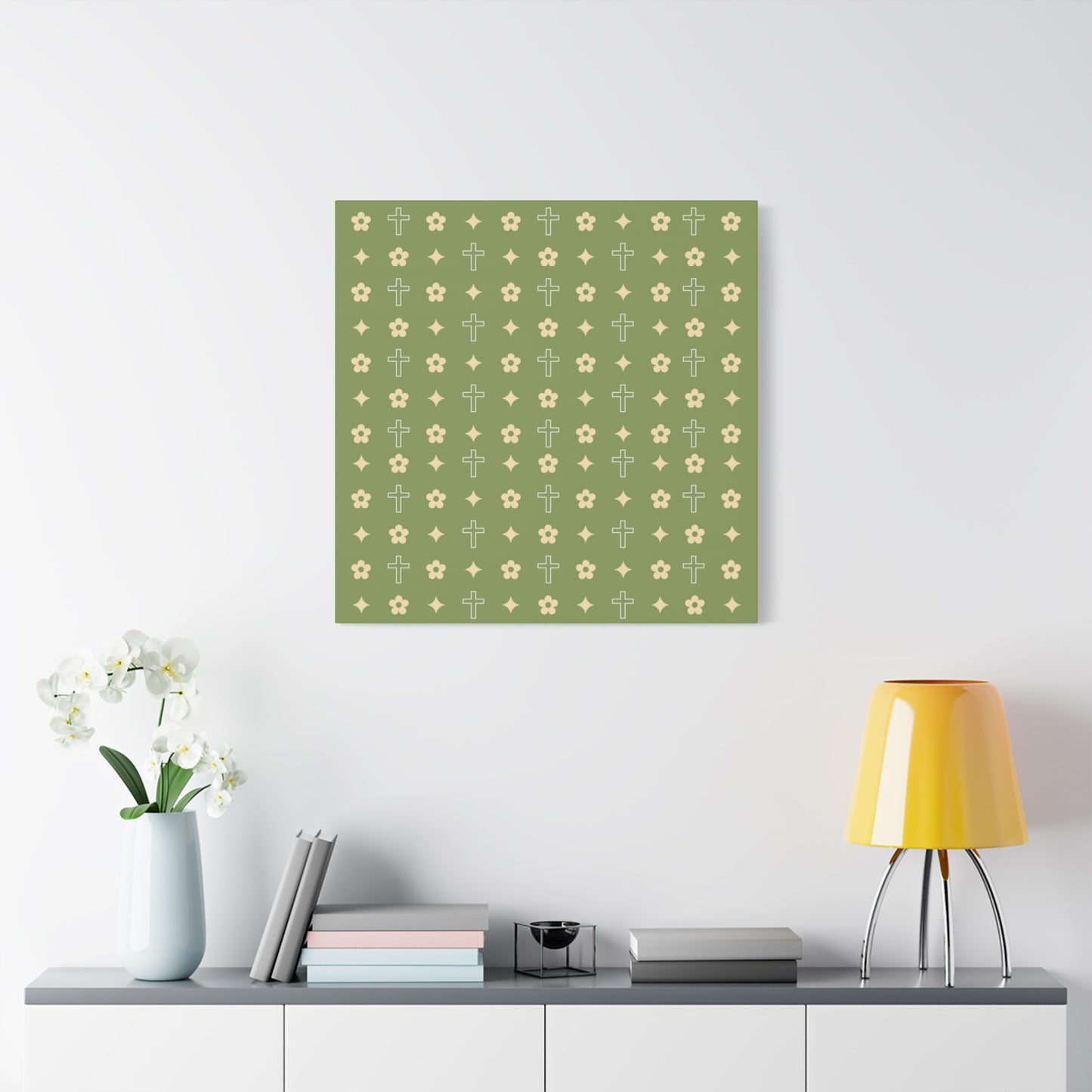 Wall Art Canvas - Army Green Daisy Cross Print