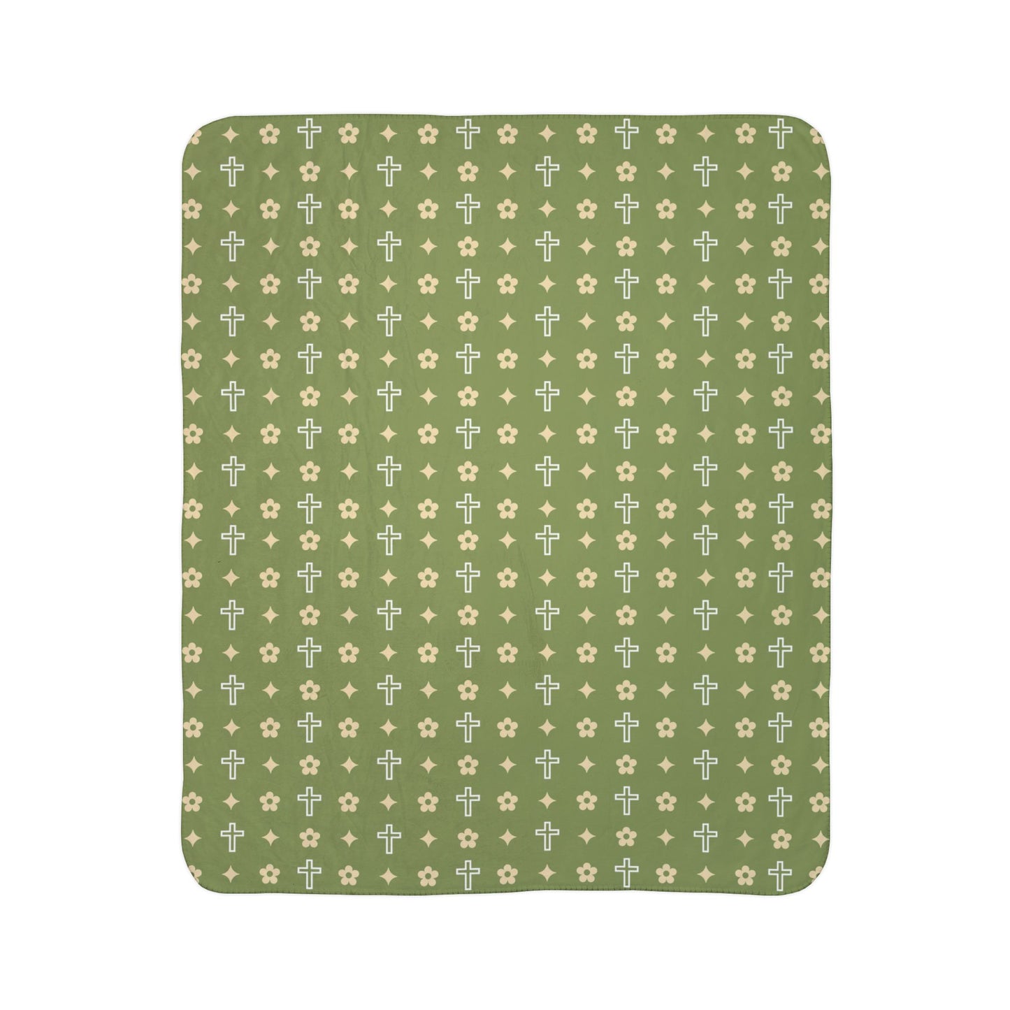 Sherpa Blanket - Cozy Fleece Army Green Daisy Print