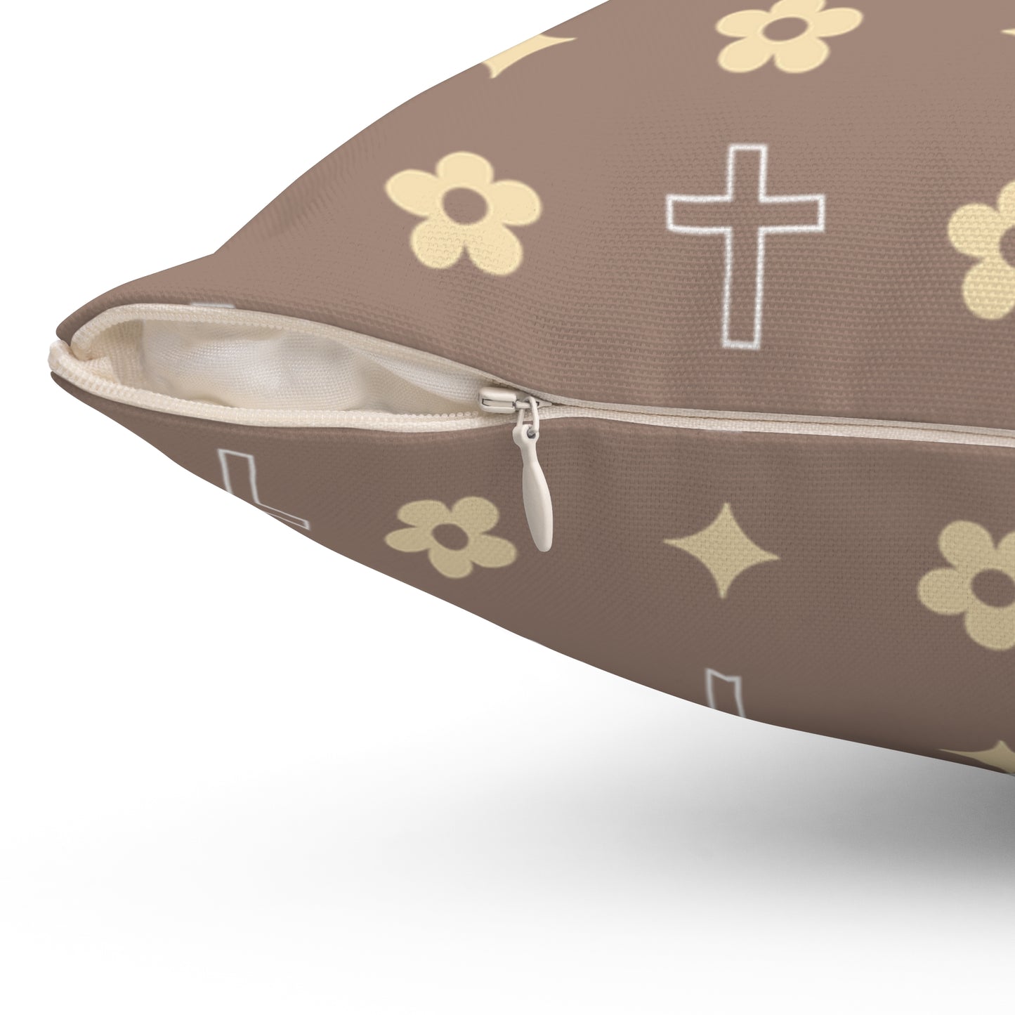 Decorative Throw Pillow - Mocha Cream Daisy Cross Print