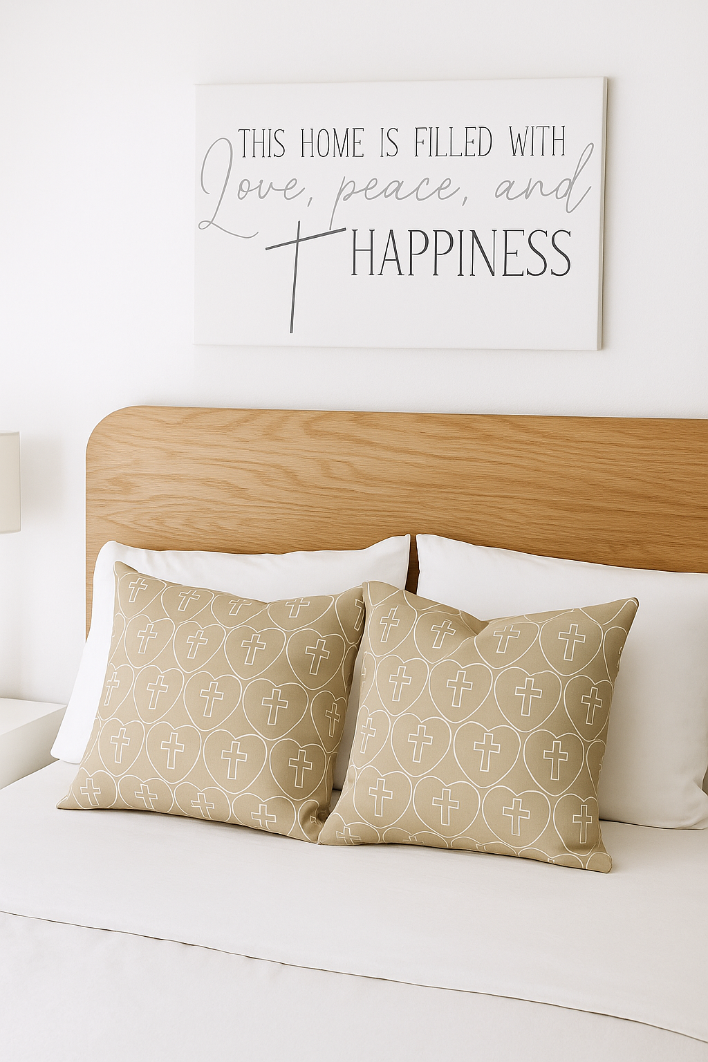 Caramel Decorative Throw Pillow - Hearts + Cross Design