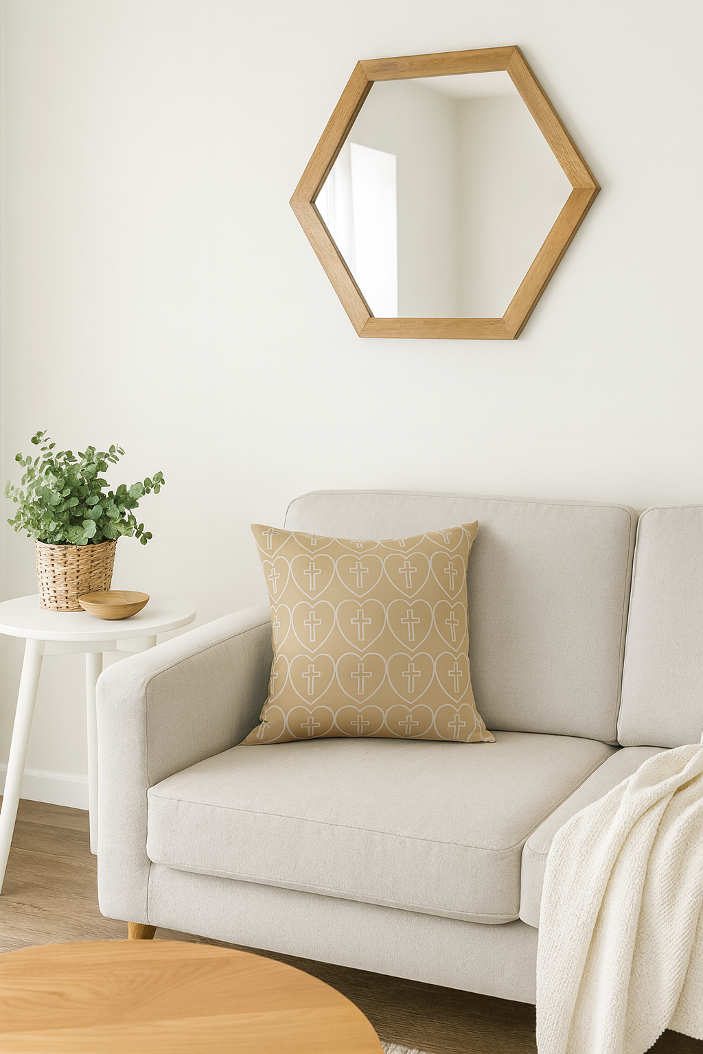 Caramel Decorative Throw Pillow - Hearts + Cross Design