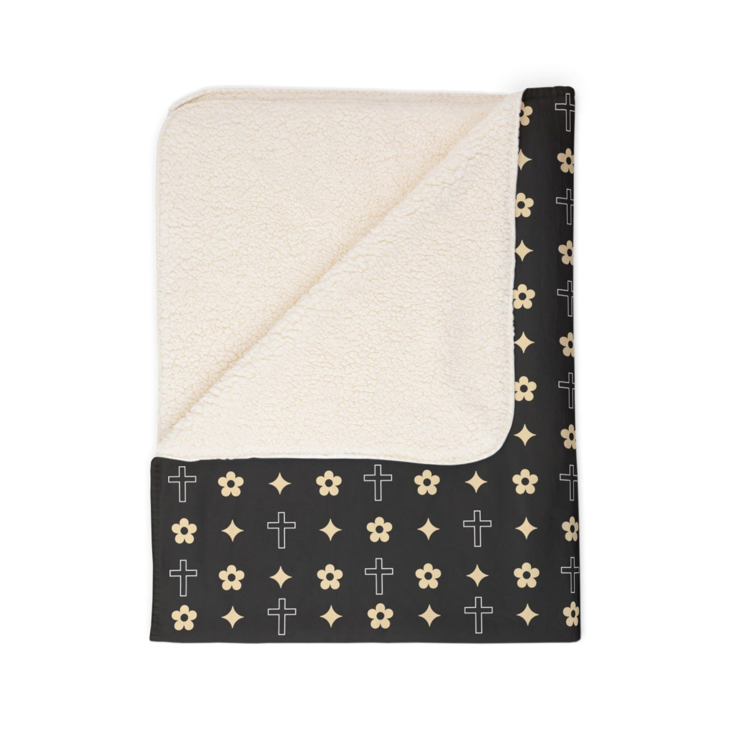 Black and White Sherpa Blanket Daisy Cross Print