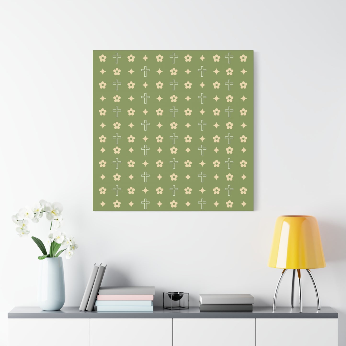 Wall Art Canvas - Army Green Daisy Cross Print