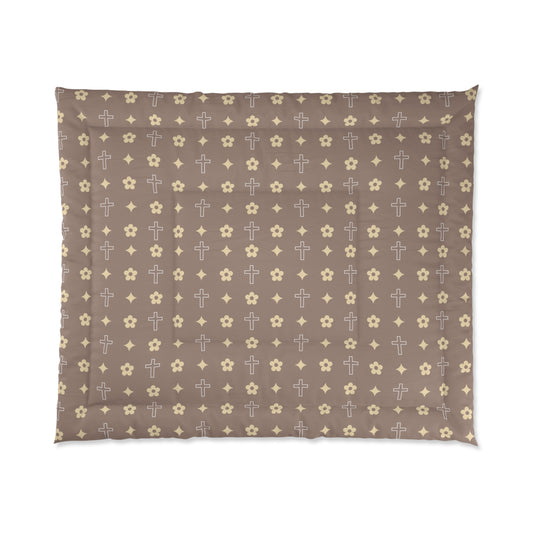 Mocha Cream Daisy Cross Print Comforter