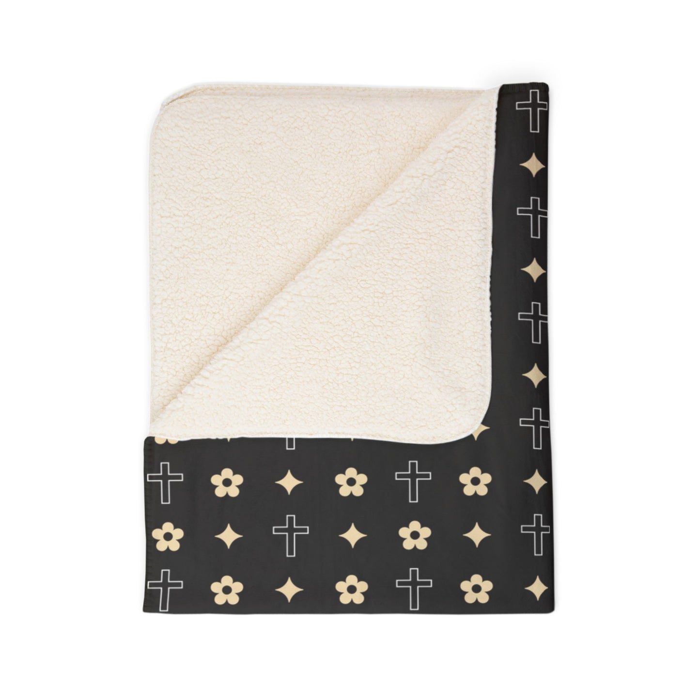 Black and White Sherpa Blanket Daisy Cross Print