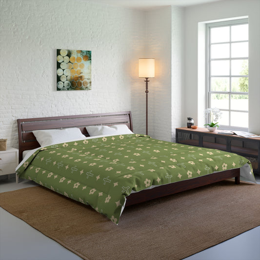 Army Green Daisy Cross Print Comforter