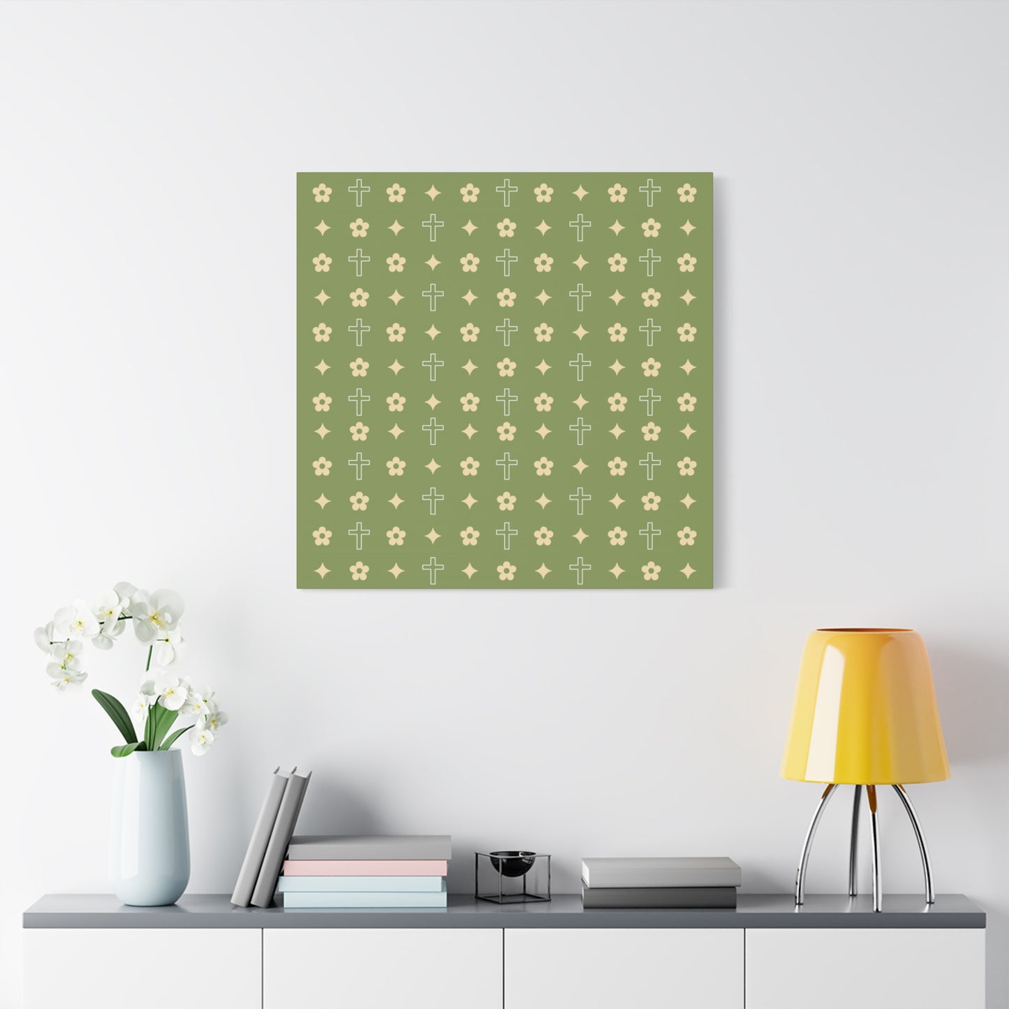 Wall Art Canvas - Army Green Daisy Cross Print