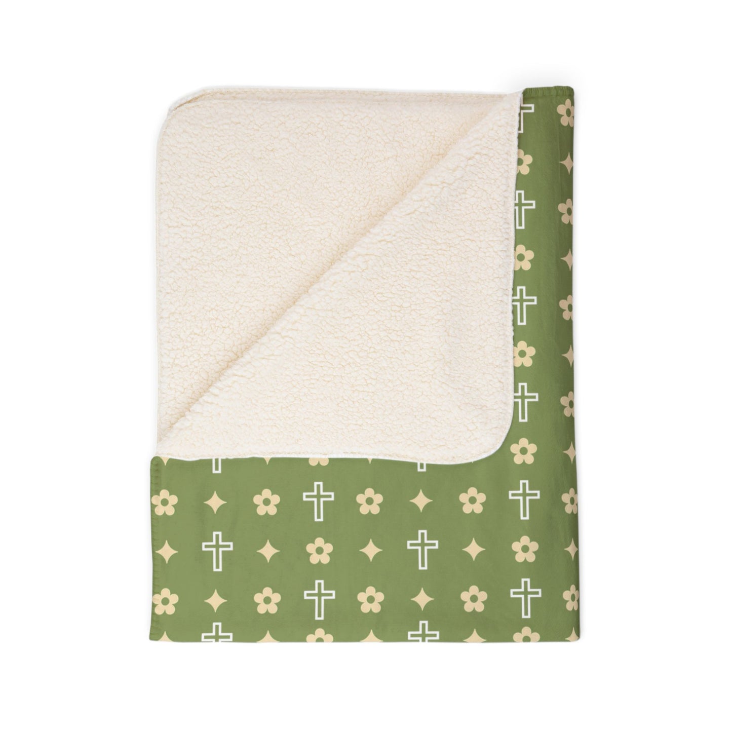 Sherpa Blanket - Cozy Fleece Army Green Daisy Print