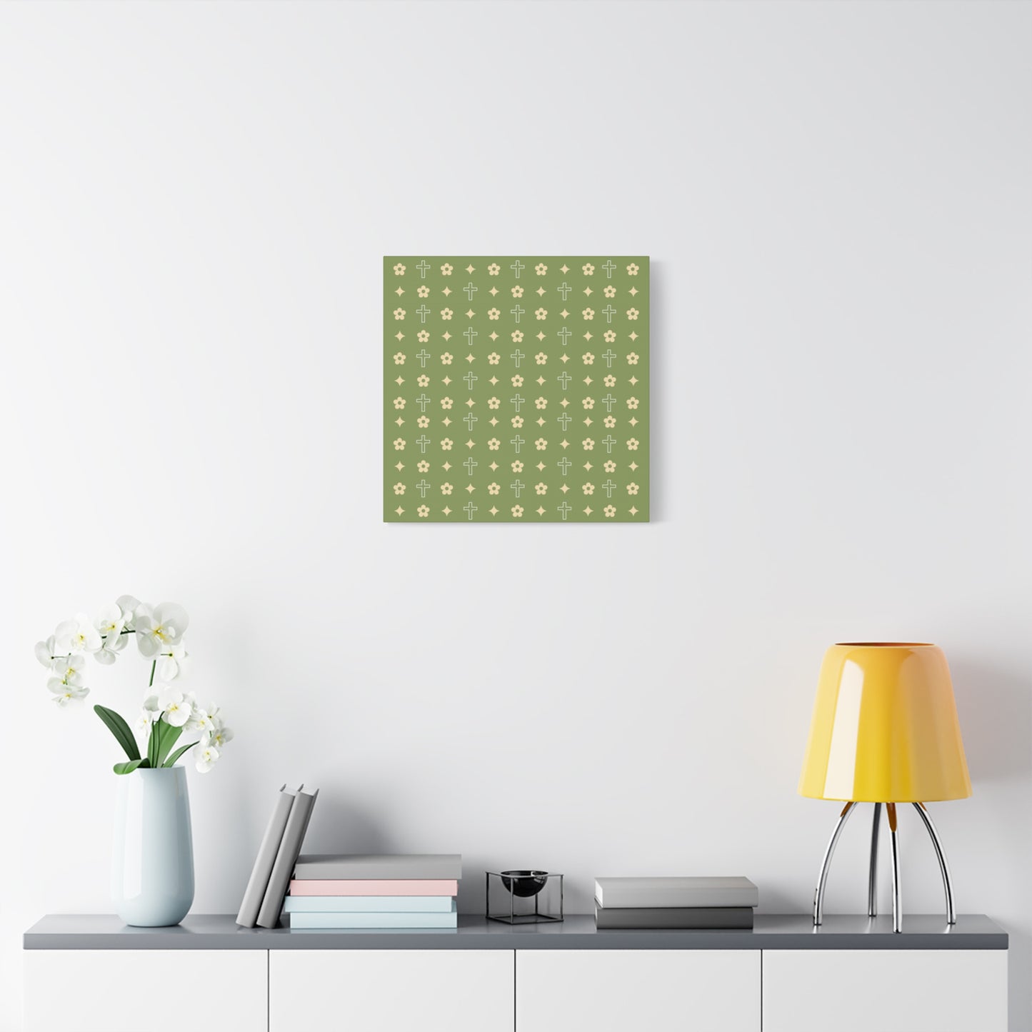 Wall Art Canvas - Army Green Daisy Cross Print
