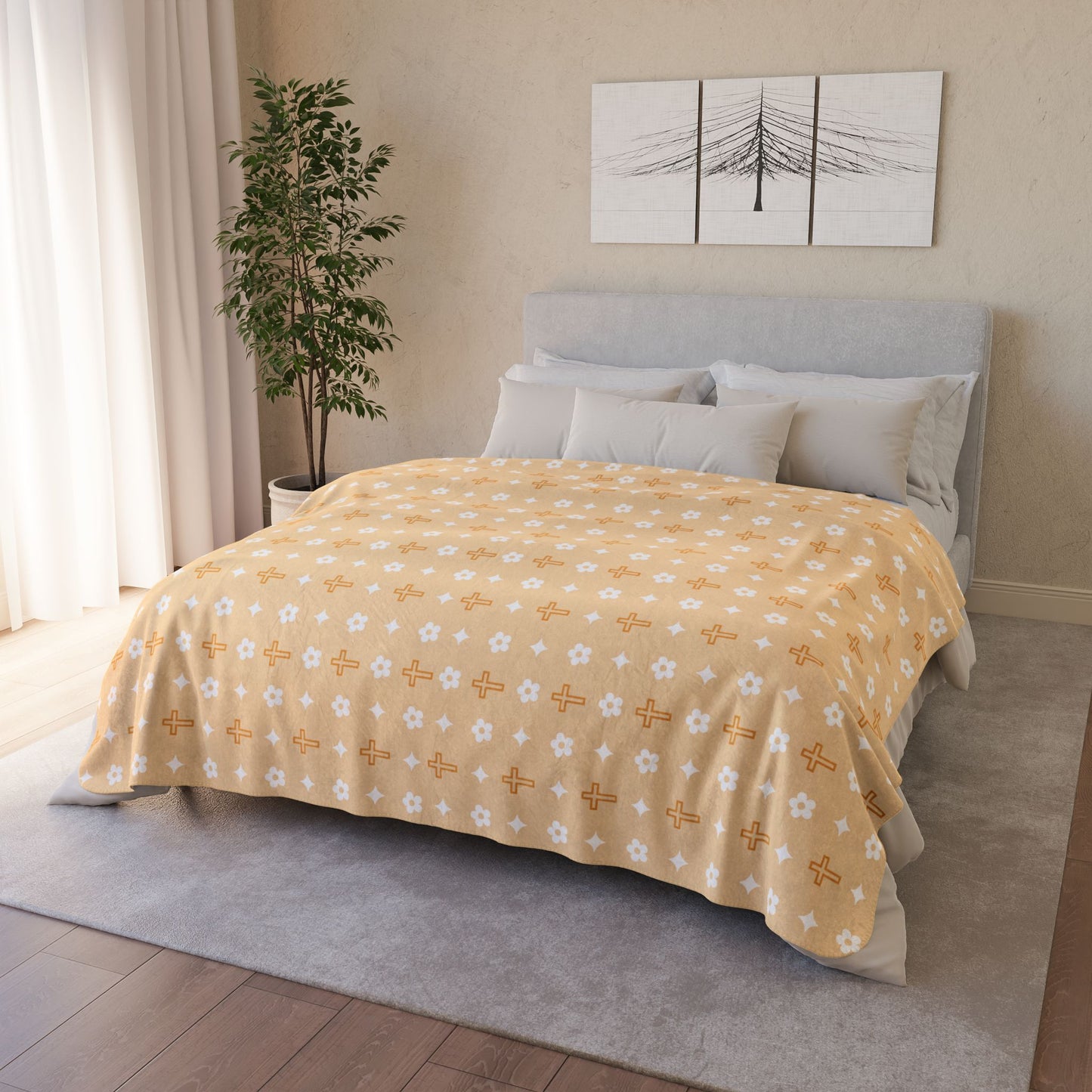 Sherpa Blanket - Creamsicle Daisy Cross Print - Cozy Home Decor