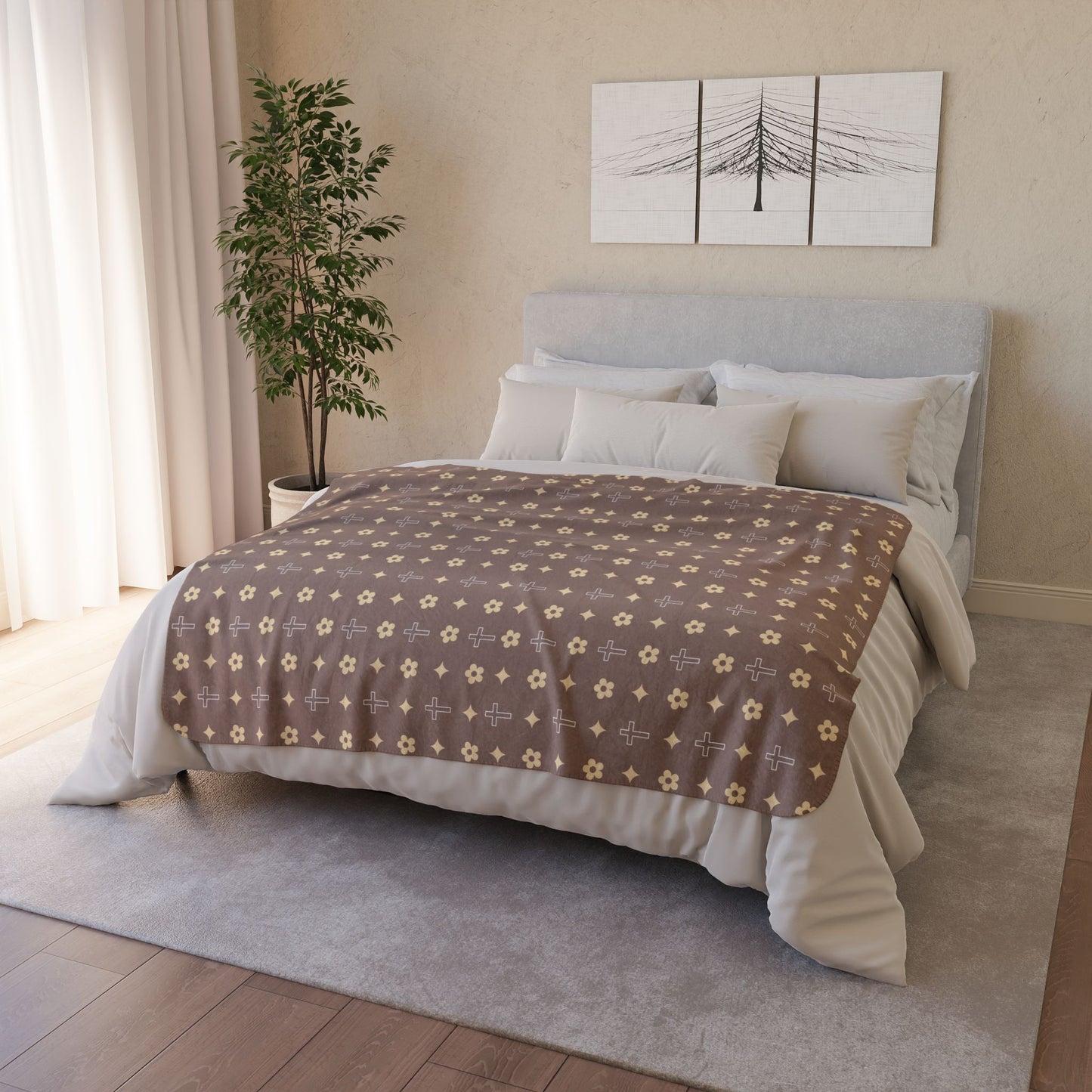 Cozy Fleece Sherpa Blanket - Mocha Cream Daisy Print