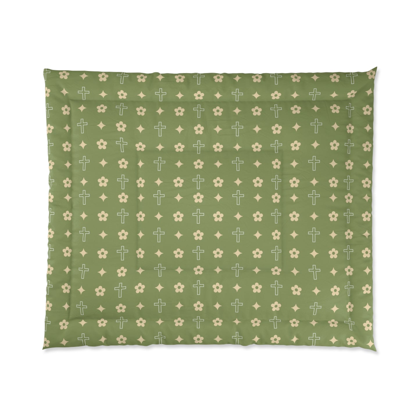Army Green Daisy Cross Print Comforter