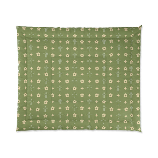 Army Green Daisy Cross Print Comforter