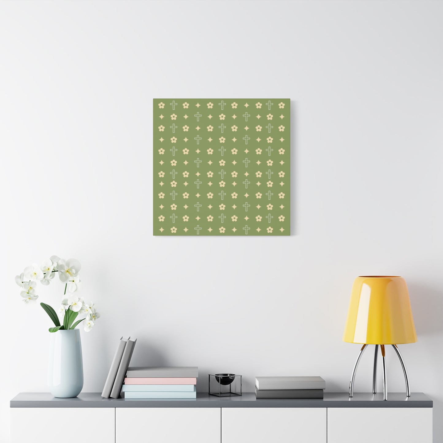 Wall Art Canvas - Army Green Daisy Cross Print
