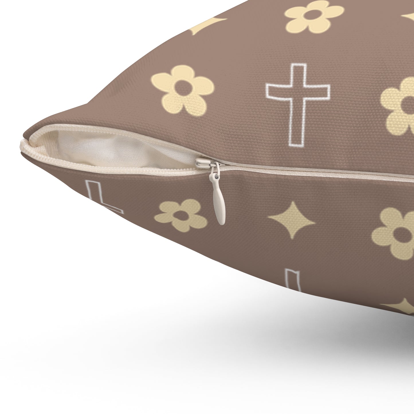 Decorative Throw Pillow - Mocha Cream Daisy Cross Print