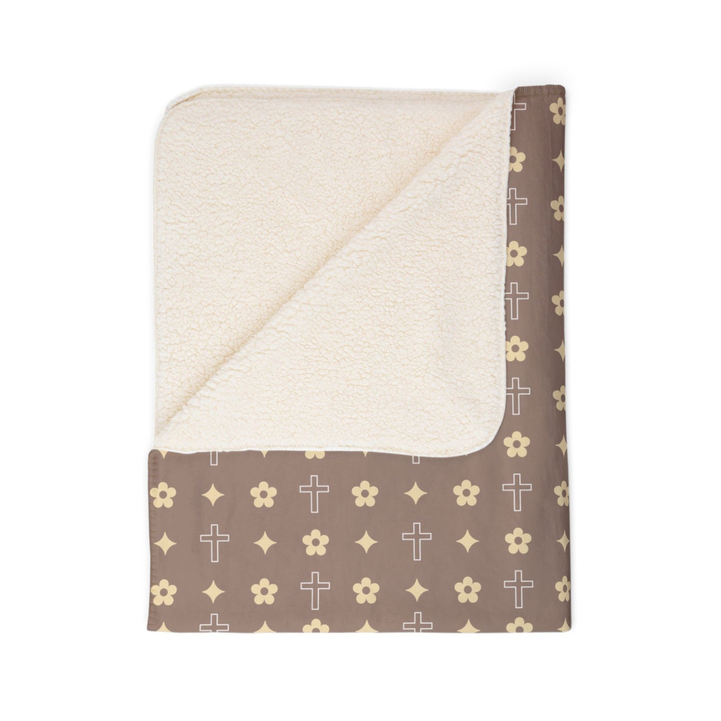 Cozy Fleece Sherpa Blanket - Mocha Cream Daisy Print
