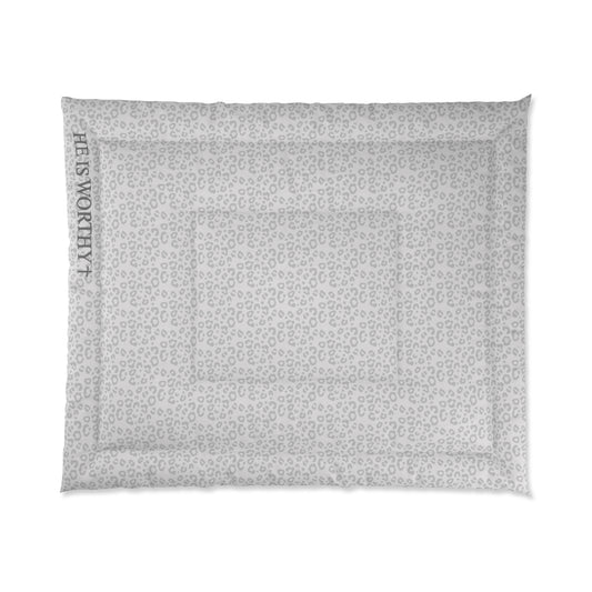 Light Grey Leopard Worthy Comforter – He is Worthy Design, Bedroom Decor, Gift for Her, Home Essentials, Spiritual Comfort